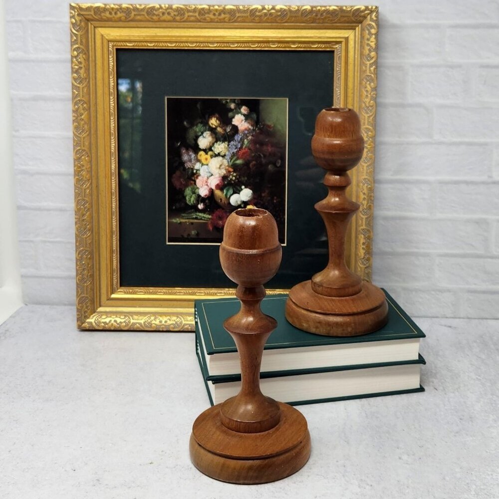 Vintage‎ Hand Turned Wood Taper Candle Holder Candlestick Pair 7" Tall